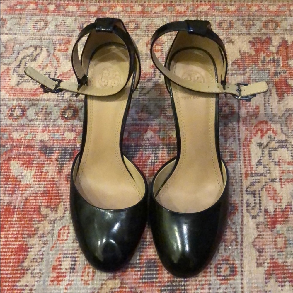 Tory Burch Cap Toe Wedges with Logo Ankle Buckle